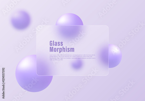 Abstract minimalistic background for presentation slide in glass morphism style. Trendy and futuristic landing page template. Rectangular partition and spheres.