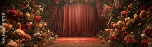 A luxurious red stage curtain surrounded by vibrant flowers. Perfect for theatrical designs, wedding decor, and elegant visuals.