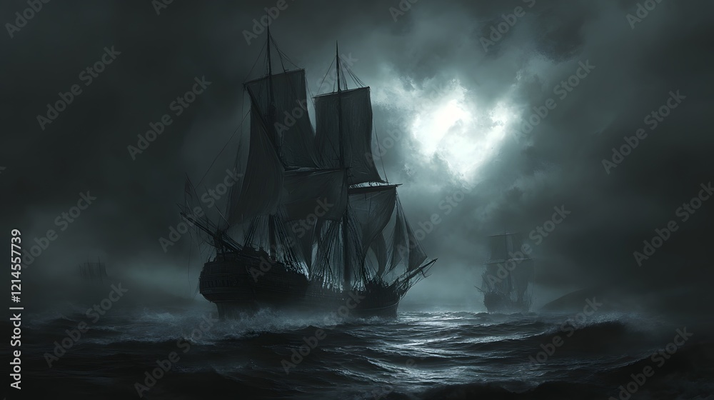 Dark Ships Sailing on Stormy Sea at Night Dark Ships Sailing on Stormy Sea at Night