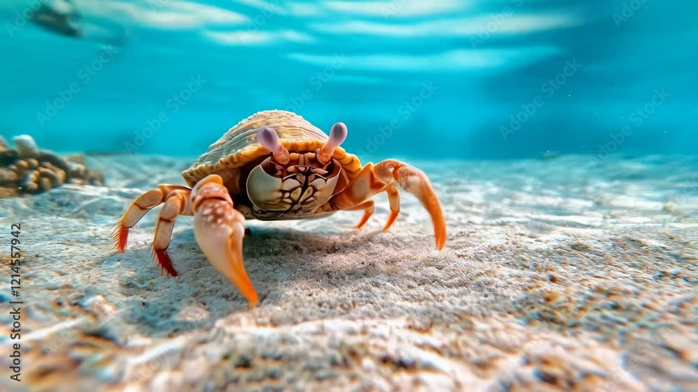 Underwater close up of a crab walking on the seabed, its orange legs contrasting with the white sand and the vibrant turquoise water creating a captivating scene of marine life Underwater close up of a crab walking on the seabed, its orange legs contrasting with the white sand and the vibrant turquoise water creating a captivating scene of marine life