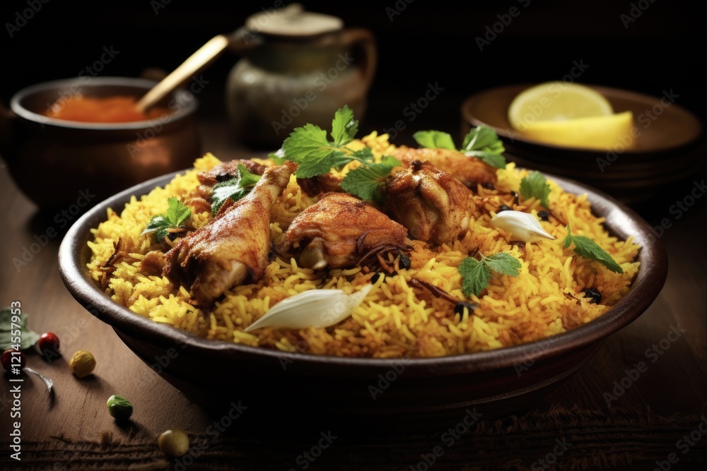 Spicy Chicken Biriyani with Tandoori Fried Fries. Delicious Indian South Asian Meal Spicy Chicken Biriyani with Tandoori Fried Fries. Delicious Indian South Asian Meal
