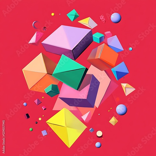 Abstract geometric shapes explosion on red background. Possible use graphic design, website background photo