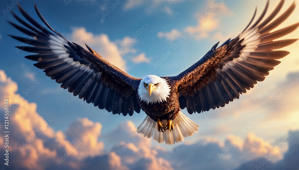 Majestic Bald Eagle Soaring in Sunset Sky Majestic Bald Eagle Soaring in Sunset Sky