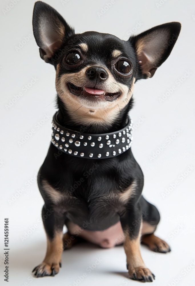 Adorable small black Chihuahua with expressive eyes and a stylish studded collar, sitting on a neutral background, showcasing its playful and cheerful personality. Adorable small black Chihuahua with expressive eyes and a stylish studded collar, sitting on a neutral background, showcasing its playful and cheerful personality.