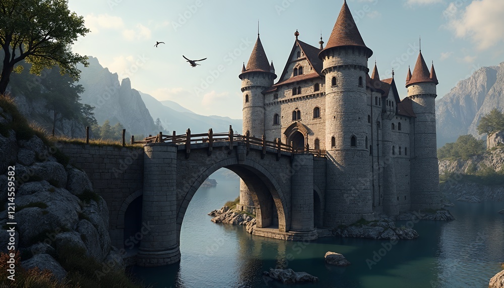 Majestic Stone Castle on Lake with Bridge Fantasy Art Majestic Stone Castle on Lake with Bridge Fantasy Art