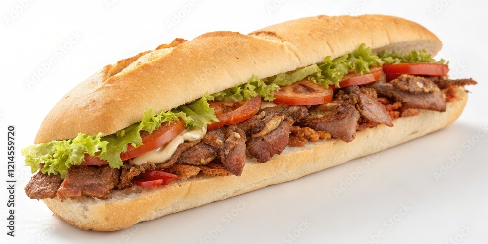 A long thin roll filled with juicy beef or chicken meat and topped with crispy lettuce and tomato, clean-cut, outdoor setting, sandwich A long thin roll filled with juicy beef or chicken meat and topped with crispy lettuce and tomato, clean-cut, outdoor setting, sandwich