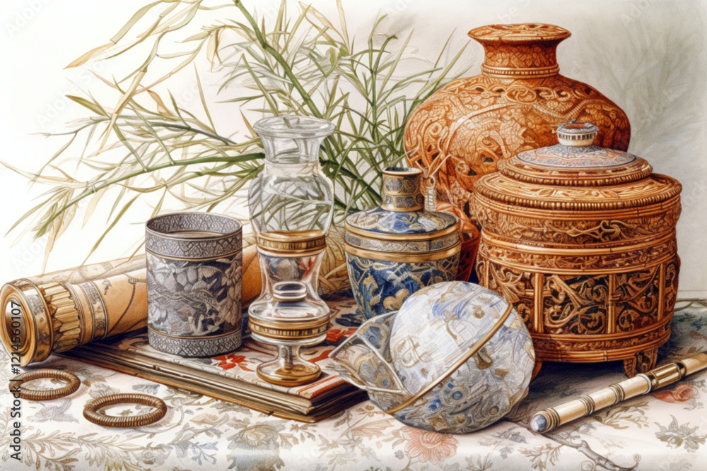 exquisite still life with bamboo and ancient porcelain, in oriental style intricate filigree, embroidery,. , Generative AI exquisite still life with bamboo and ancient porcelain, in oriental style intricate filigree, embroidery,. , Generative AI