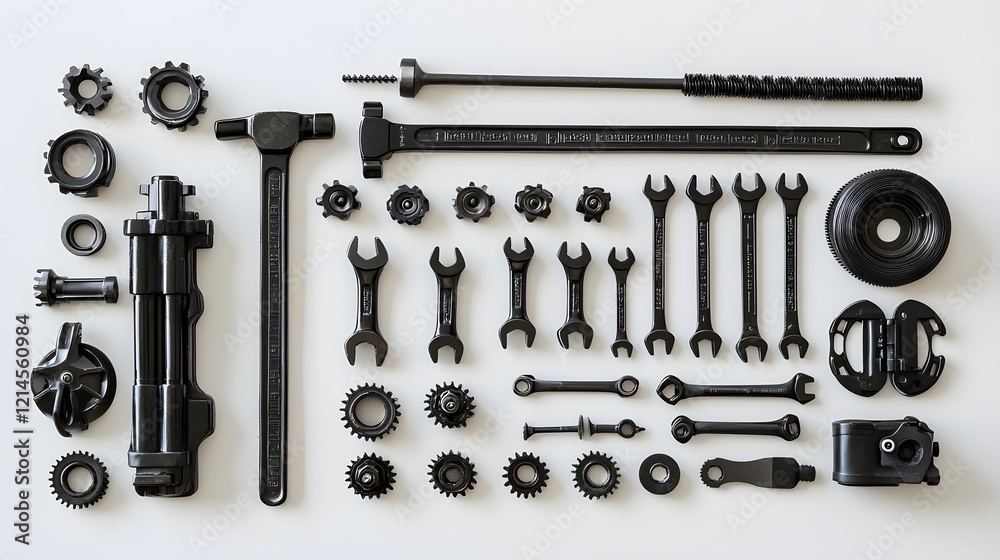 Obraz premium Assortment of Black Workshop Tools and Hardware on White Background