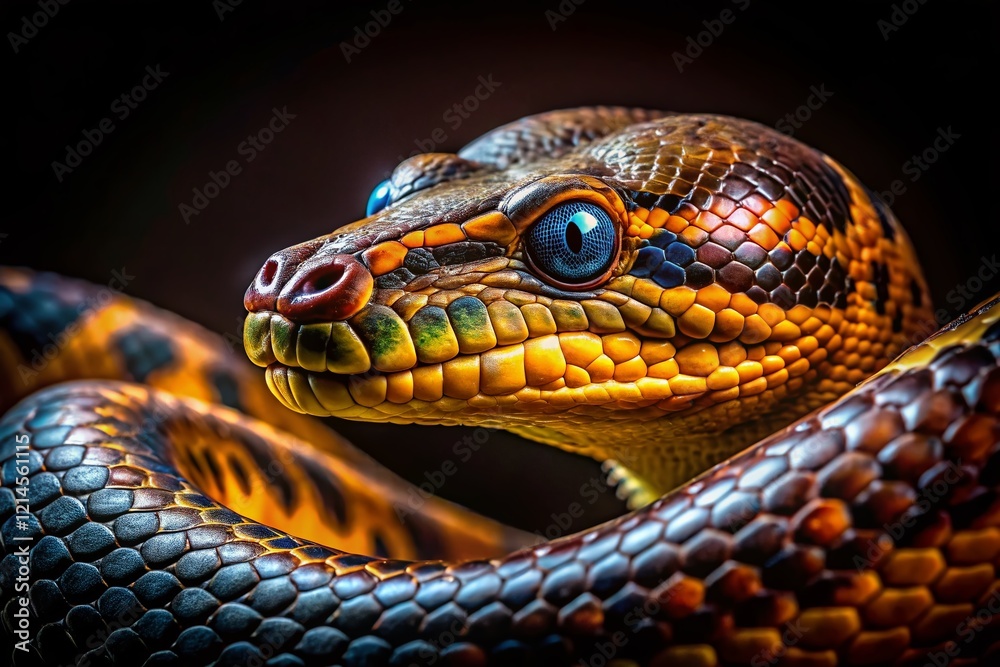 Fototapeta premium Powerful Anaconda Portrait: Low-Light Reptile Photography on Solid Background
