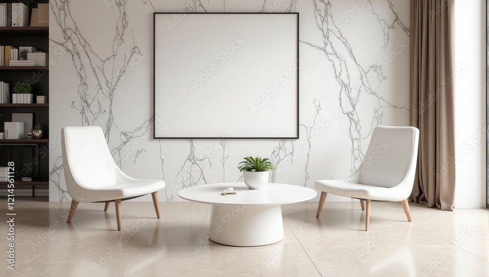 Intricately framed by a dark border, a pristine white marble wall gleams softly. Center stage sits an elegant white circular table, with a delicate flower pot gracing its surface—complete serenity in Intricately framed by a dark border, a pristine white marble wall gleams softly. Center stage sits an elegant white circular table, with a delicate flower pot gracing its surface—complete serenity in