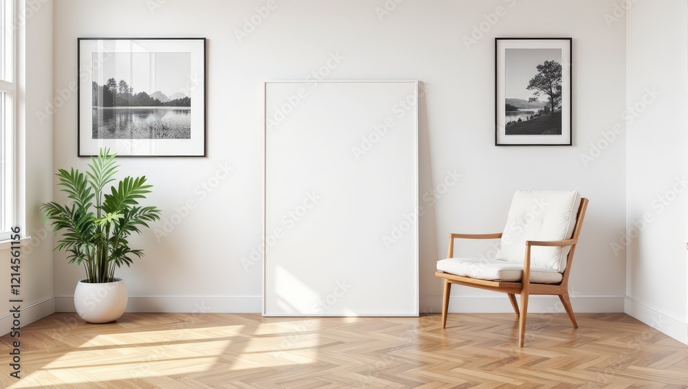 Centered on a plain white wall, a pristine white poster board is flanked by elegant black frames: one featuring serene black-and-white mountainous lakescapes to the left. The right frame remains a mys