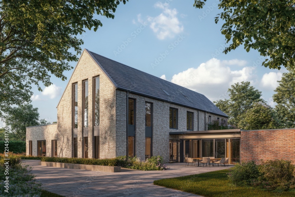 Fototapeta premium Modern architectural design of a spacious home with large windows and landscaped surroundings in a serene setting during daylight hours