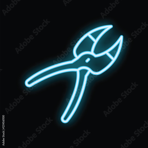 Blue neon sign of pliers glowing against a black background
