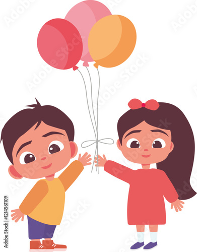 Children with balloons .A joyful boy and girl holding colorful balloons celebrate birthday. The illustration is made in vector format on a white background.
