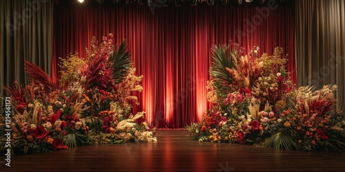 A luxurious red stage curtain surrounded by vibrant flowers. Perfect for theatrical designs, wedding decor, and elegant visuals.