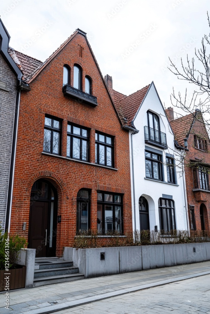 Modern and classic architectural styles blend in a charming residential neighborhood showcasing brick and white facade houses on a serene street during a cloudy day Modern and classic architectural styles blend in a charming residential neighborhood showcasing brick and white facade houses on a serene street during a cloudy day