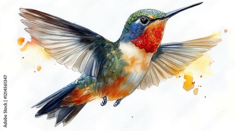 Fototapeta premium bird on an isolated white background, watercolor illustration, hand drawing, cute hummingbird