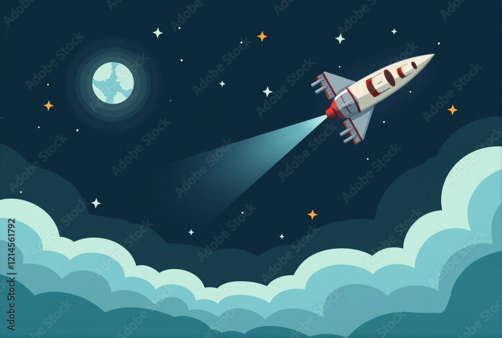 Obraz premium Space Rocket Ascending Above Clouds and Planet