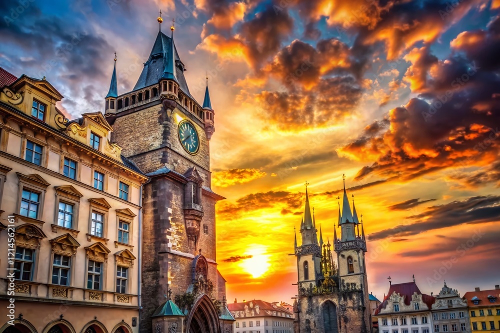 Fototapeta premium Prague Astronomical Clock Silhouette at Sunset - Gothic Architecture