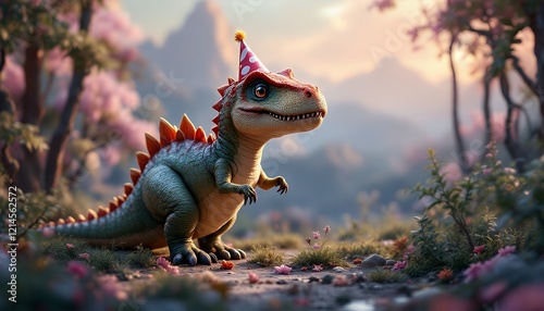Adorable Baby Dinosaur in Party Hat Peaceful Landscape
