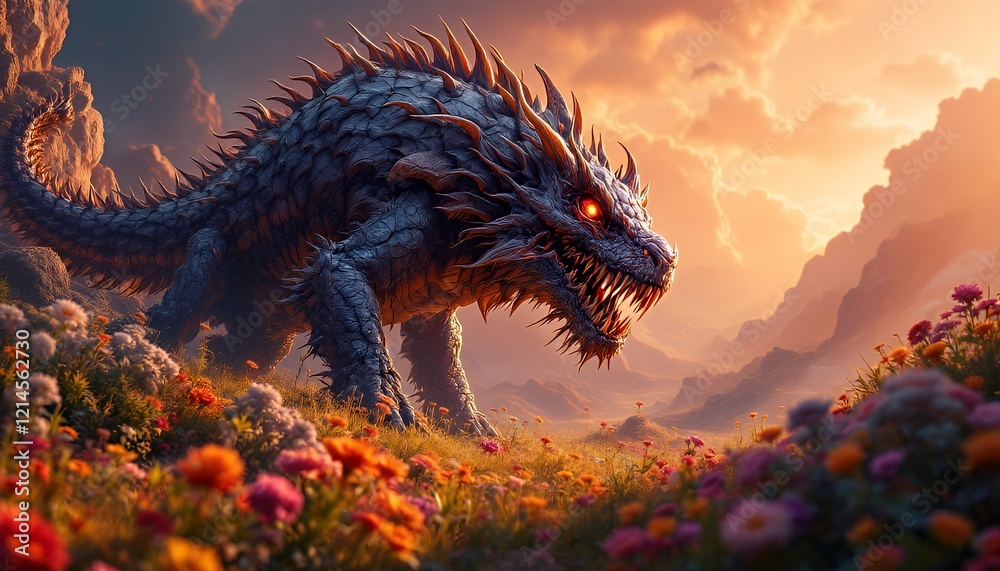 Fierce Dragon in Sunset Meadow Fantasy Art Fierce Dragon in Sunset Meadow Fantasy Art