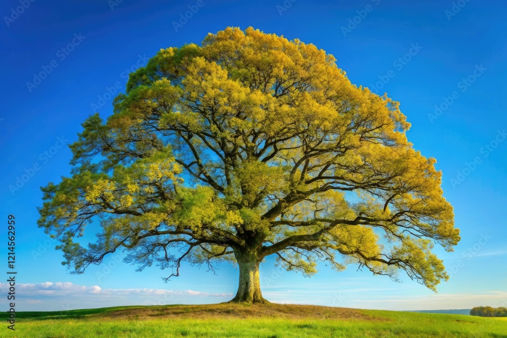 A mature oak tree stands tall against a clear blue sky with leaves rustling in the wind, tree silhouette, woodland scene, landscape, outdoor, oak tree standing alone A mature oak tree stands tall against a clear blue sky with leaves rustling in the wind, tree silhouette, woodland scene, landscape, outdoor, oak tree standing alone