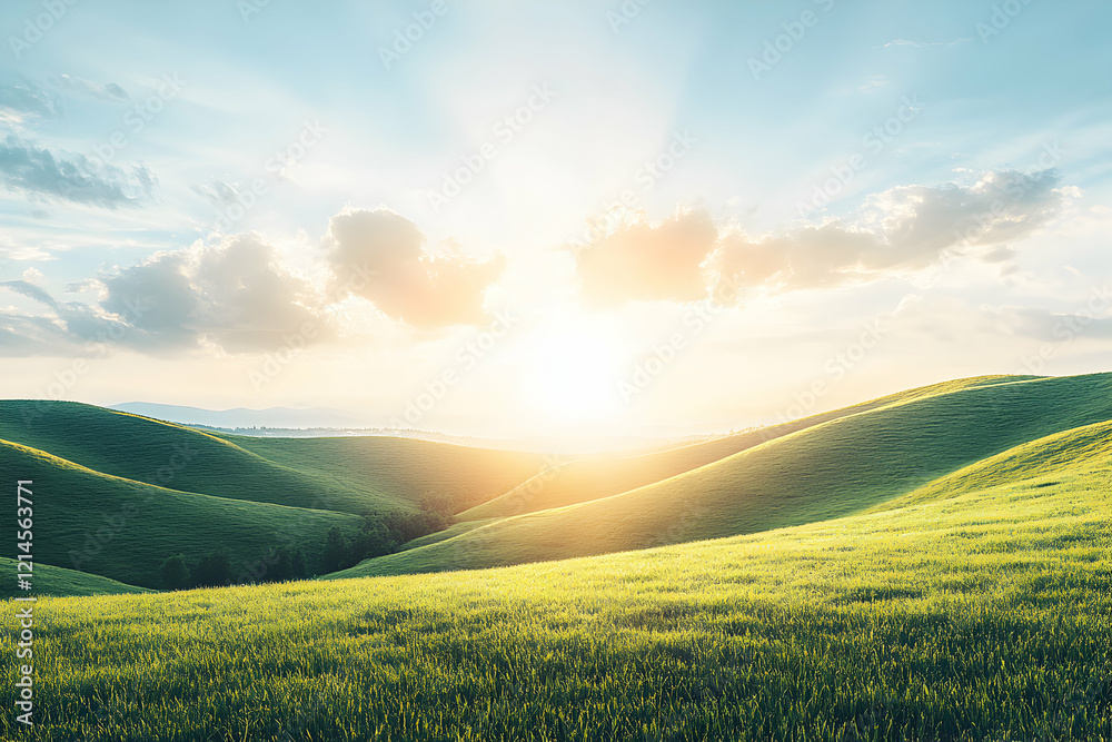 Fototapeta premium Serene sunset over rolling green hills, idyllic pastoral landscape. Perfect for nature, travel, and serenity themes.