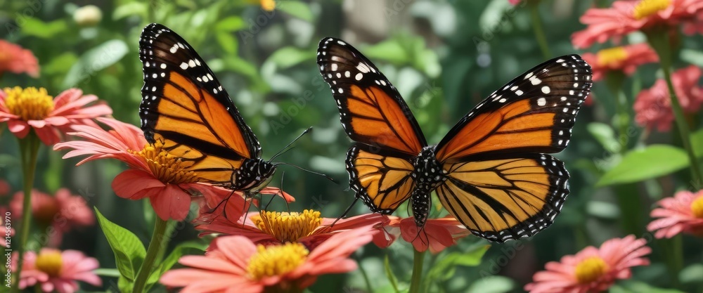 Fototapeta premium A monarch butterfly rests on the delicate petals of a zinnia flower in a lush summer garden, insect, nature, butterflies