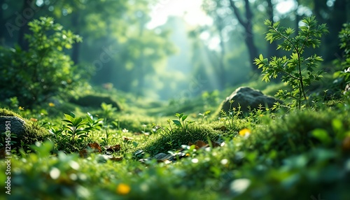 Lush Green Forest Landscape Sunlight Moss Plants