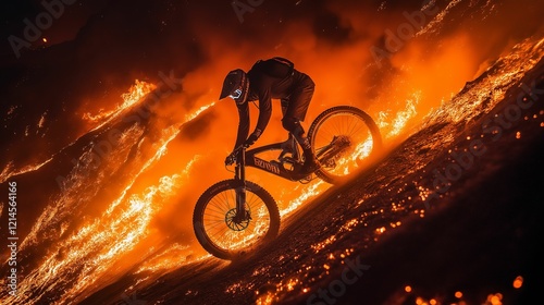 A mountain biker navigating a fiery downhill trail surrounded by swirling embers, with the rider sharply illuminated against the dramatic glowing backdrop photo