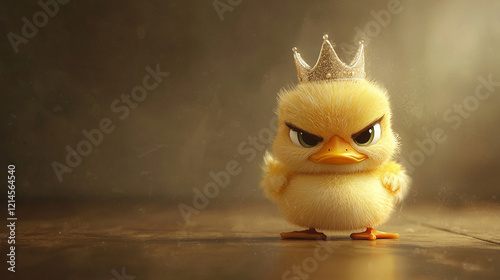 Grumpy tiny yellow duck with gold crown expression looks upset, standing on wood ground photo