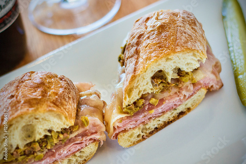 muffaletta sandwich with ham, salami, provolone cheese, and olive spread