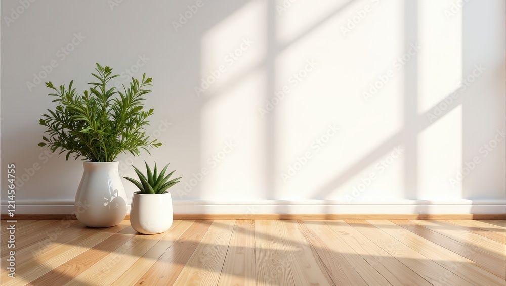Close-up view of a pristine white vase cradling a lush Zamioculcas zamiifolia, nestled on a warm light brown wooden floor. Its greenery pops against the elegant simplicity Close-up view of a pristine white vase cradling a lush Zamioculcas zamiifolia, nestled on a warm light brown wooden floor. Its greenery pops against the elegant simplicity