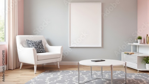 A pristine white circular table holds a sleek black laptop, centered before a soft gray backdrop. A textured gray and white rug anchors the space beside an elegant white shelf.  