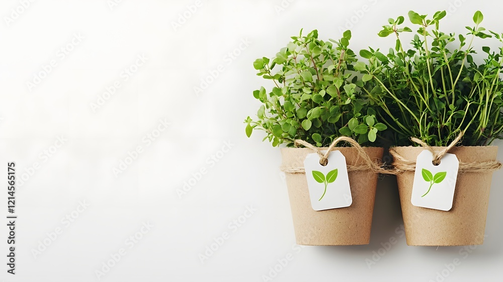 Fototapeta premium Biodegradable Plant Pots with Eco-Friendly Herb Labels Promoting Sustainable Lifestyle