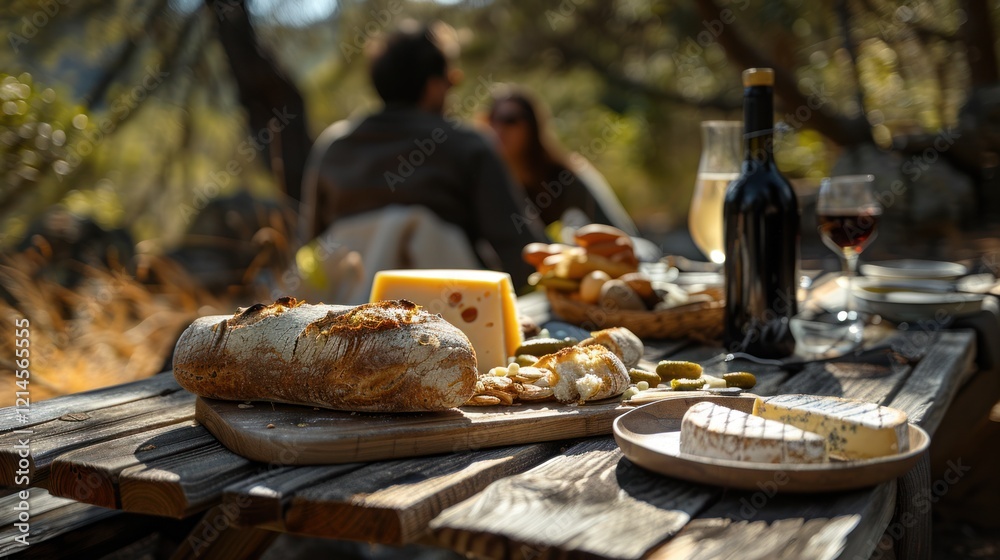 Wooden table with artisan bread and cheese and bottle of wine outdoors on a sunny day, with blurred couple enjoying picnic in lush green park. Wooden table with artisan bread and cheese and bottle of wine outdoors on a sunny day, with blurred couple enjoying picnic in lush green park.