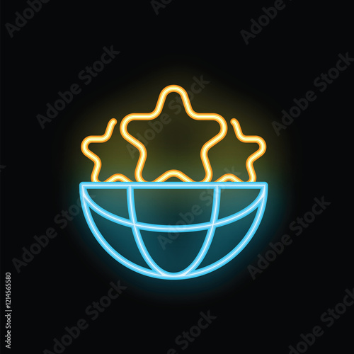 Neon sign of three stars appearing over the top of a glowing globe against a dark background