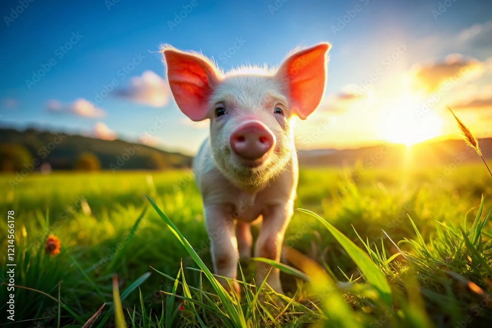 Adorable Piglet Posing on Green Grass at Family Farm Adorable Piglet Posing on Green Grass at Family Farm