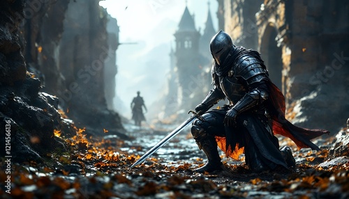 Epic Knight in Ruins Fantasy Artwork Digital Painting