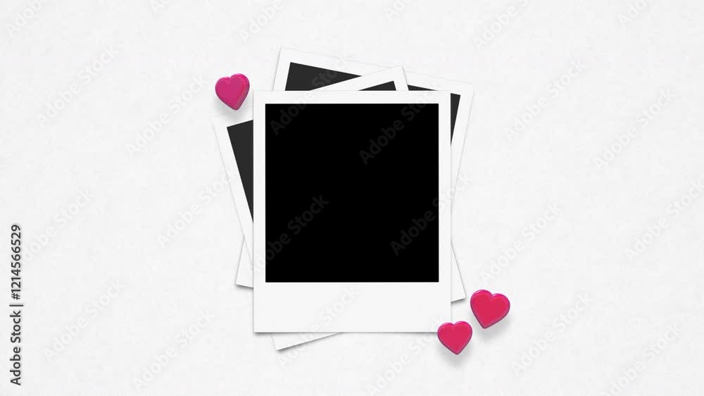 Vintage Instant Photo Frames With Alpha And 3D Floating Hearts On Paper Background Loop