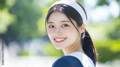 Japanese woman wearing native american traditional cloth pilgrim at event photo