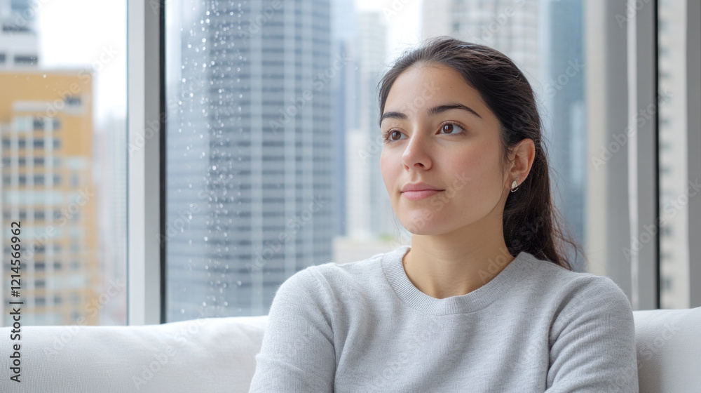 Hispanic woman sitting on sofa near rainy window with skyscrapers Hispanic woman sitting on sofa near rainy window with skyscrapers
