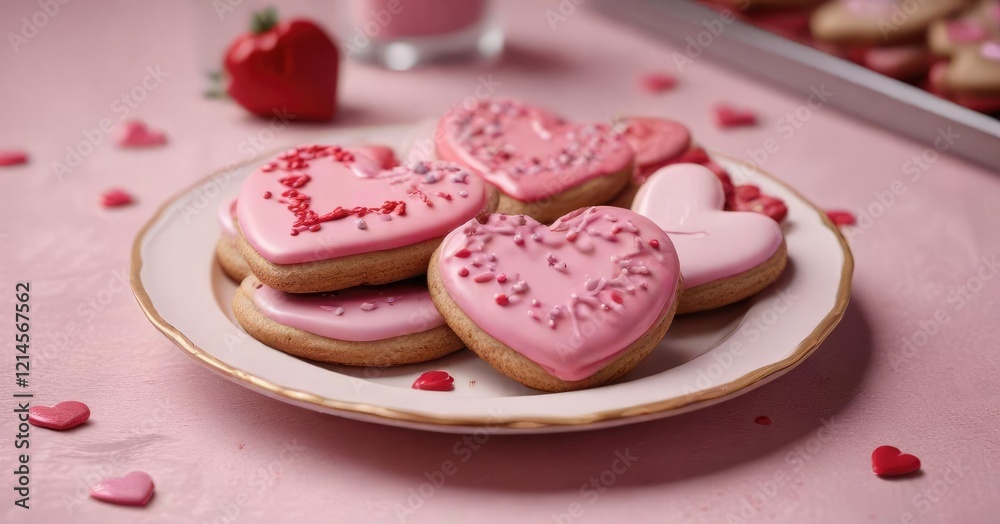 A plate of Valentine's Day-themed cookies with pink and red frosting , colorful, A plate of Valentine's Day-themed cookies with pink and red frosting , colorful,