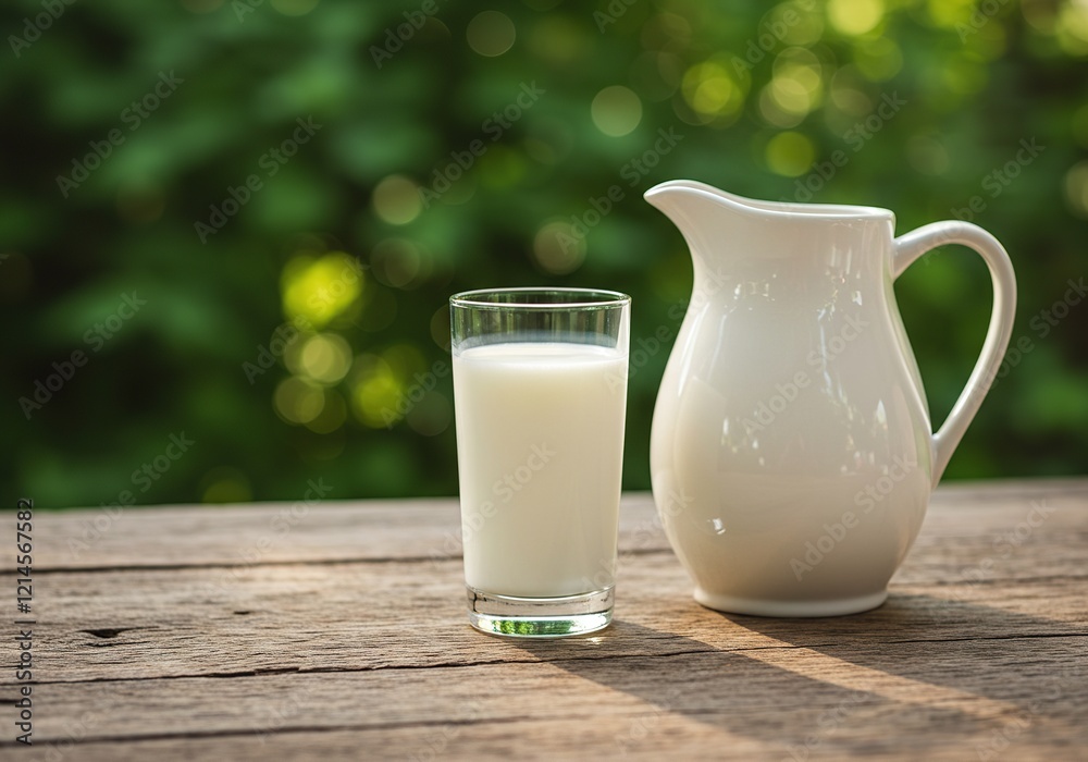 Fresh Milk Still Life Rustic Wooden Table with Glass and Pitcher Against a Green Bokeh Background. Fresh Milk Still Life Rustic Wooden Table with Glass and Pitcher Against a Green Bokeh Background.