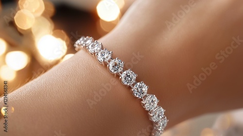 Sparkling Diamond Bracelet Adorning Elegant Woman s Wrist with Bokeh Lighting in Background photo