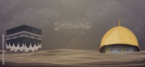 israa and miraj design with the dome of the Rock Mosque and Kaaba - Translate: the Night Journey to Heaven
