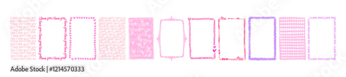 Doodle frame set, hand drawn pink scribble border, romantic vector Valentine day decoration design. Abstract cute minimal background, colorful pencil squiggle wax crayon stroke. Grunge doodle frame