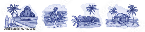 Exotic landscape watercolor set, vector hand drawn tropical ocean view, island paradise blue clipart. Beach sea shore heaven nature resort, girl surfboard, palm tree, mountains. Exotic landscape print