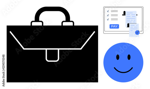 Black briefcase icon, blue smiling face, and payment receipt with checkmarks and signature. Ideal for business, finance, job satisfaction, payroll, corporate success, employee benefits positive work