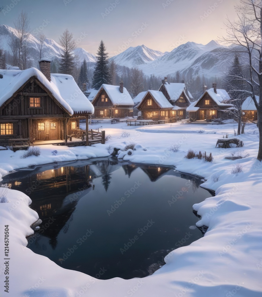 A snow-covered village with a frozen pond in the background, peaceful scenery, cold weather, winter village A snow-covered village with a frozen pond in the background, peaceful scenery, cold weather, winter village